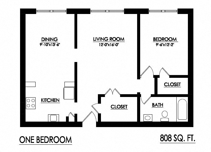 Floor plan for 1 bed, 1 bath, 808 sqft